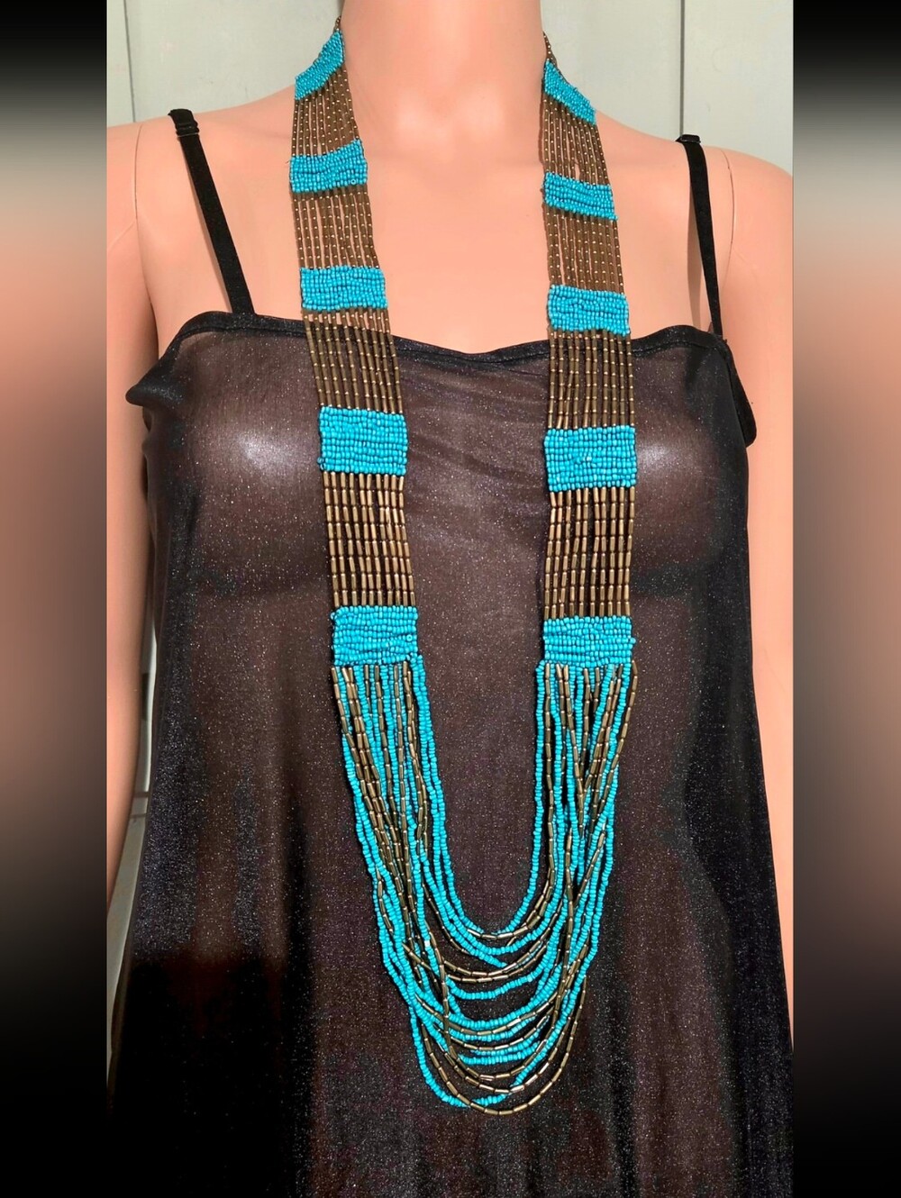 Vintage Turquoise & Antiqued Gold Multi-Strand Seed Bead Statement Necklace